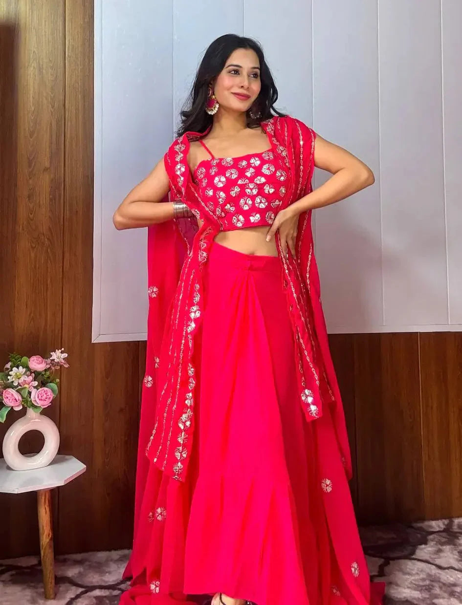 Pink Georgette Indo Western Set With Sequins & Paper Mirror Work | Ready To Wear - qivii