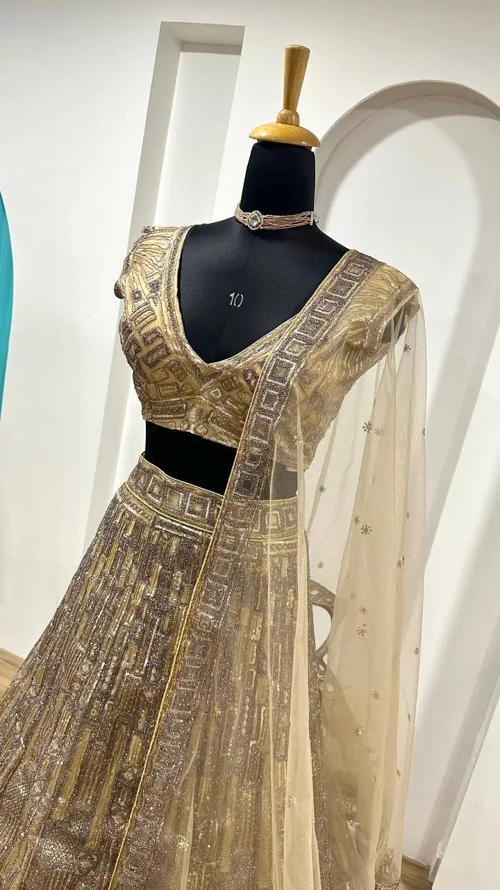 Golden Net Lehenga Choli With Dori, thread & Sequence Embroidery Work | Ready To Wear - qivii