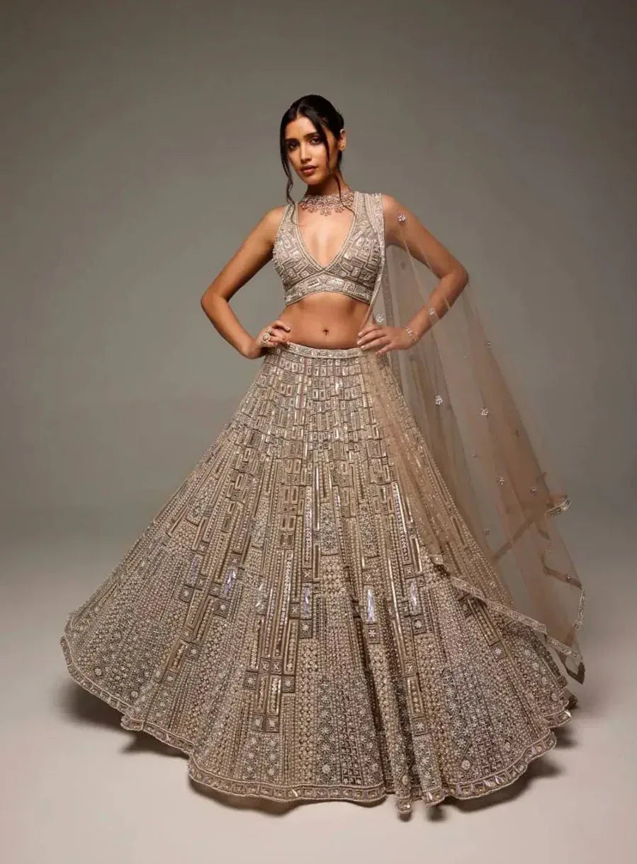 Golden Net Lehenga Choli With Dori, thread & Sequence Embroidery Work