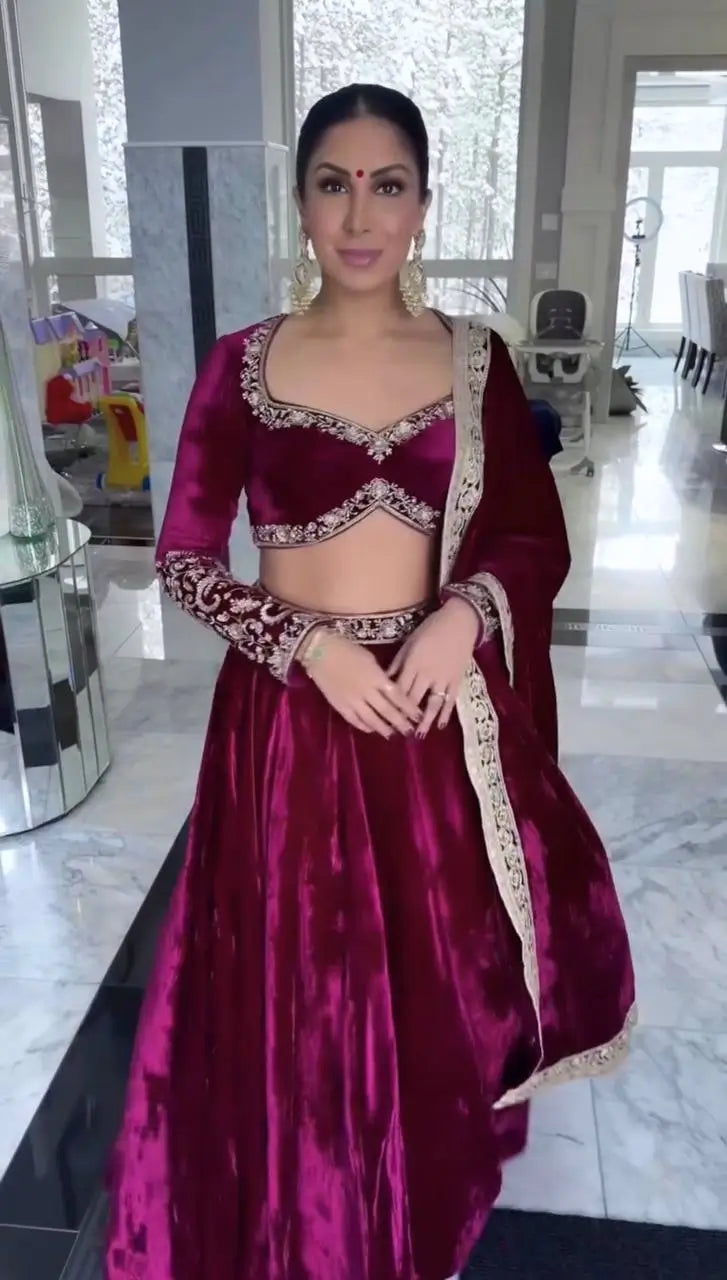 Wine Red Velvet Thread, Sequence & Dori Work Lehenga Choli | Ready To Wear - qivii