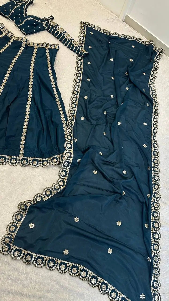 Teal Blue Malai Silk Lehenga Choli With Sequence & Zari Work | Ready To Wear - qivii