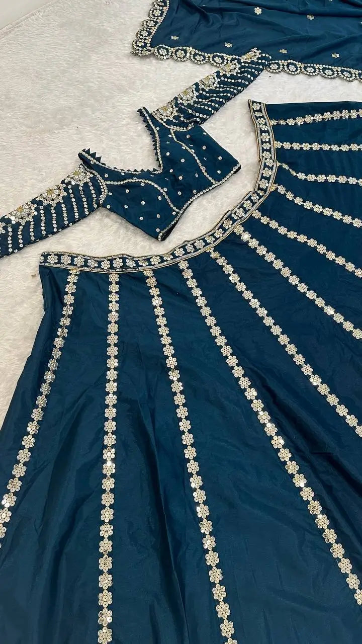 Teal Blue Malai Silk Lehenga Choli With Sequence & Zari Work | Ready To Wear - qivii