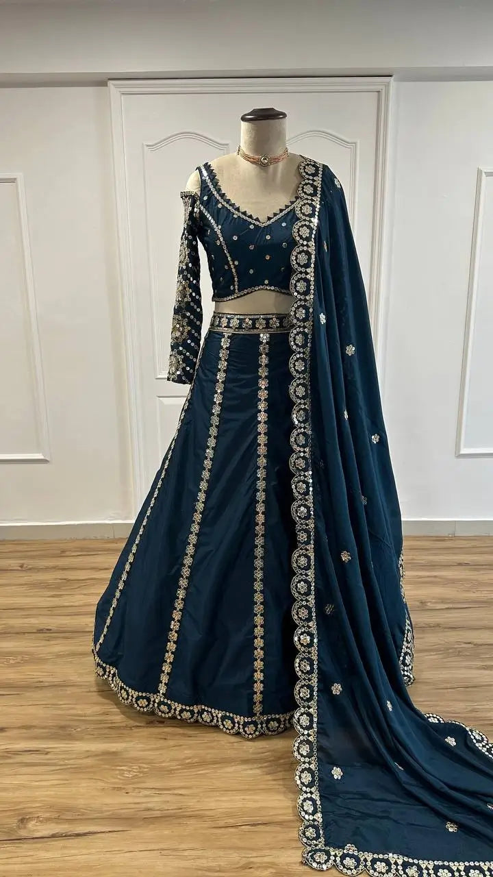 Teal Blue Malai Silk Lehenga Choli With Sequence & Zari Work | Ready To Wear - qivii