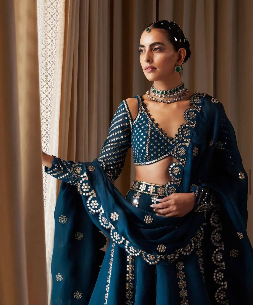 Teal Blue Malai Silk Lehenga Choli With Sequence & Zari Work | Ready To Wear - qivii