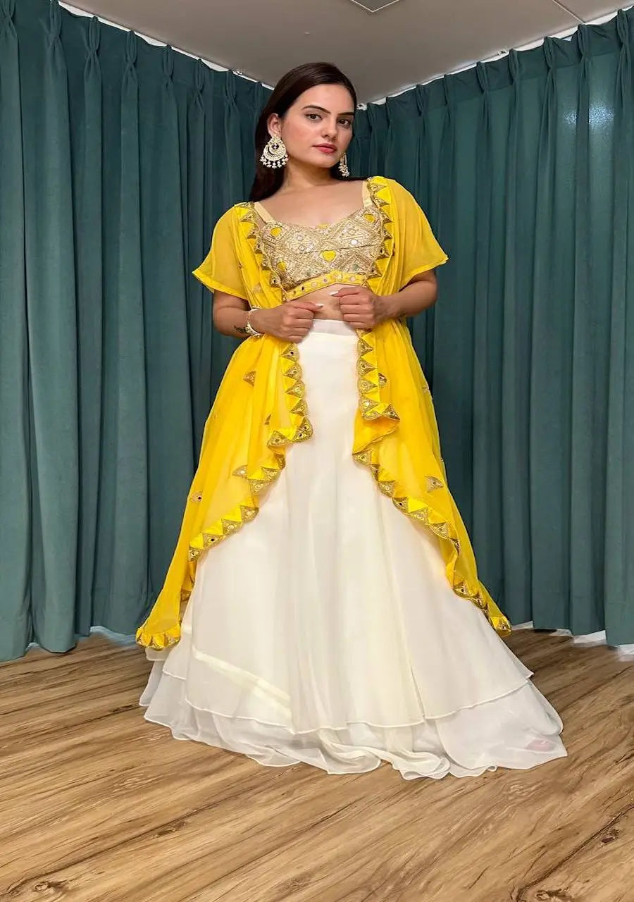 White & Yellow Georgette Indo Western Set With Mirror & Dori Work | Ready To Wear - qivii