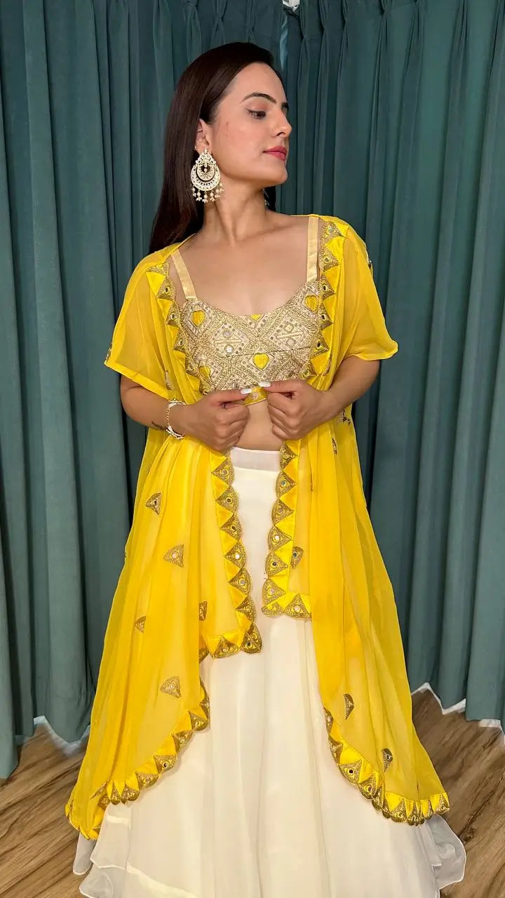 White & Yellow Georgette Indo Western Set With Mirror & Dori Work | Ready To Wear - qivii