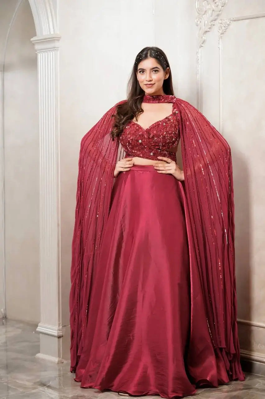 Red Satin Silk Lehenga Choli With Thread, Sequence & Dori Work | Ready To Wear - qivii