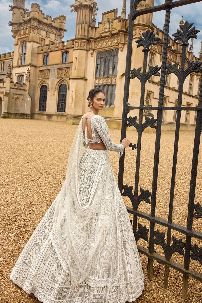 White Net lehenga with sequins , dori & thread work - INSPIRED | Ready To Wear - qivii