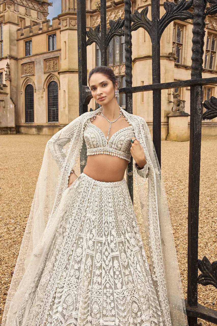 White Net lehenga with sequins , dori & thread work - INSPIRED | Ready To Wear - qivii