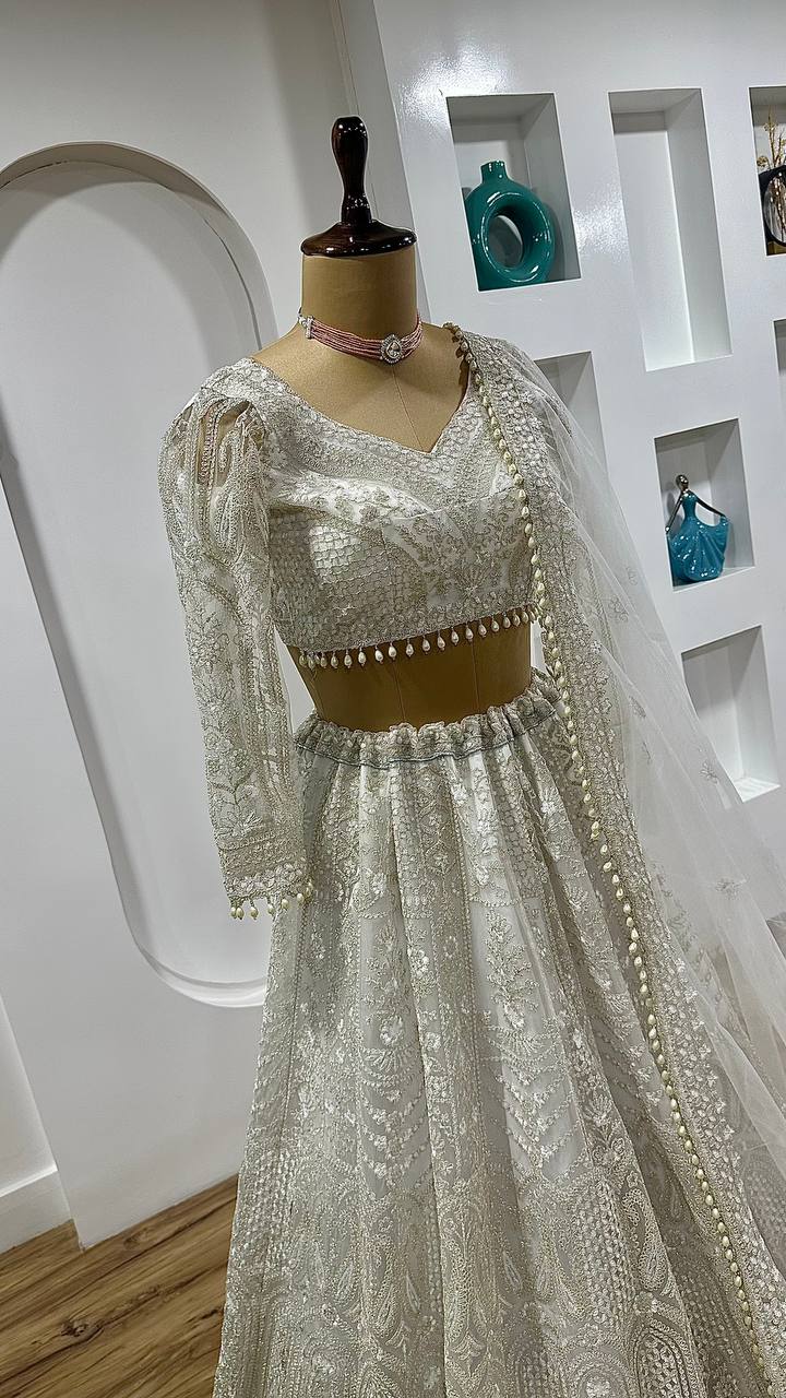 White Net lehenga with sequins , dori & thread work - INSPIRED | Ready To Wear - qivii