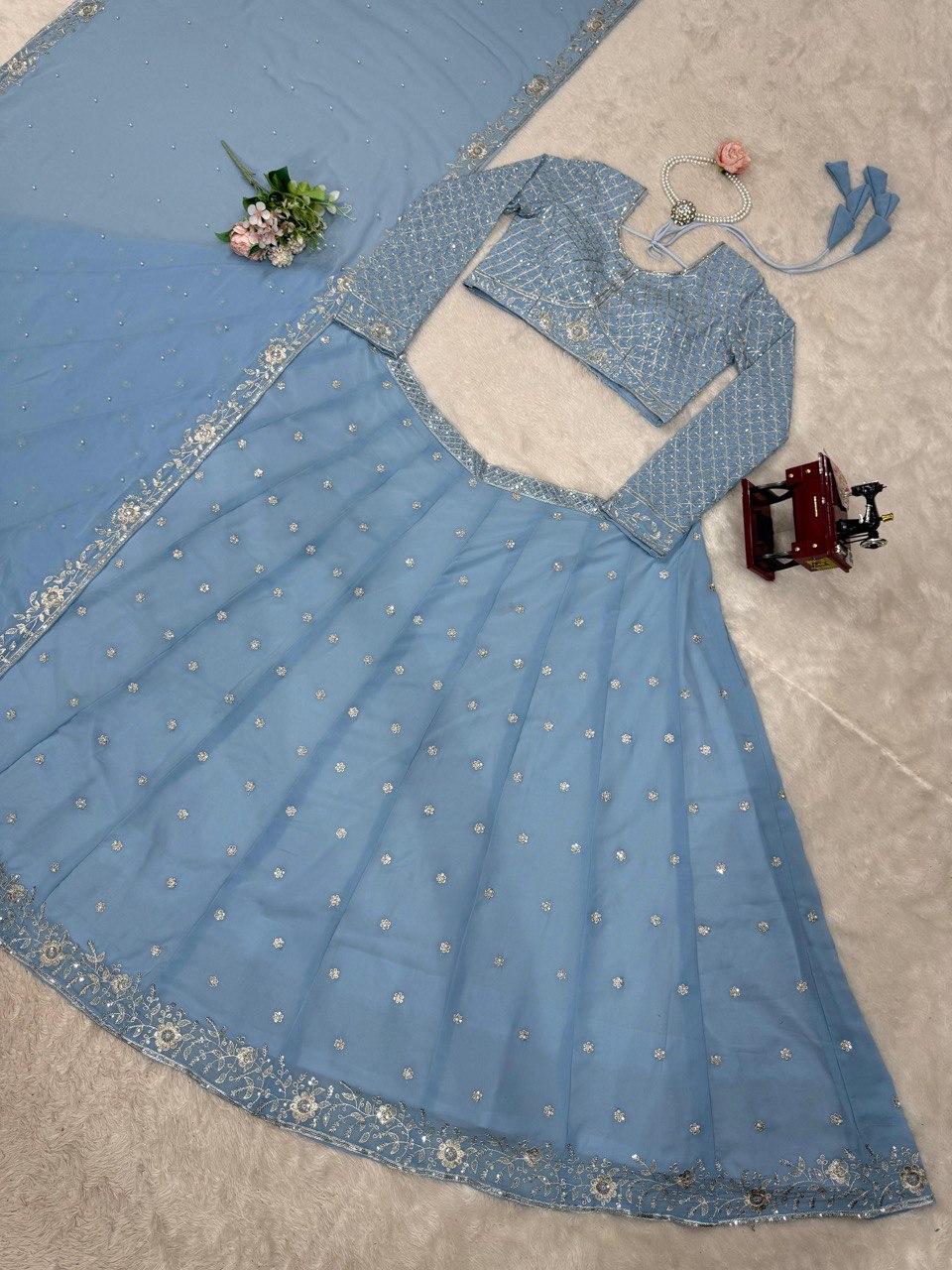 Blue Fox Gorgette thread with Sequnce with Rivet moti Lehenga Choli - INSPIRED | Ready To Wear - qivii