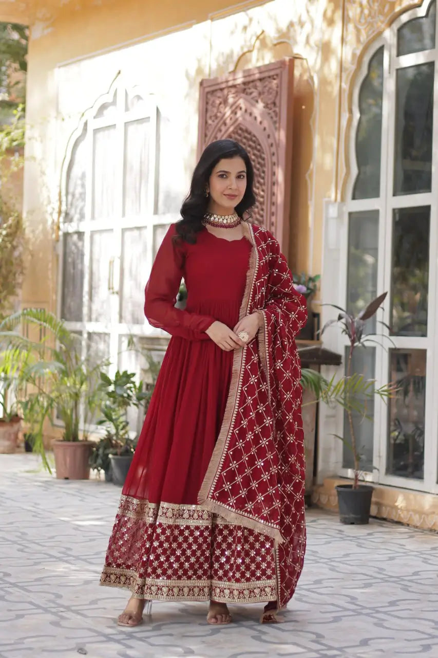 Red Sequins Embroidery Work Gown With Heavy Dupatta - qivii
