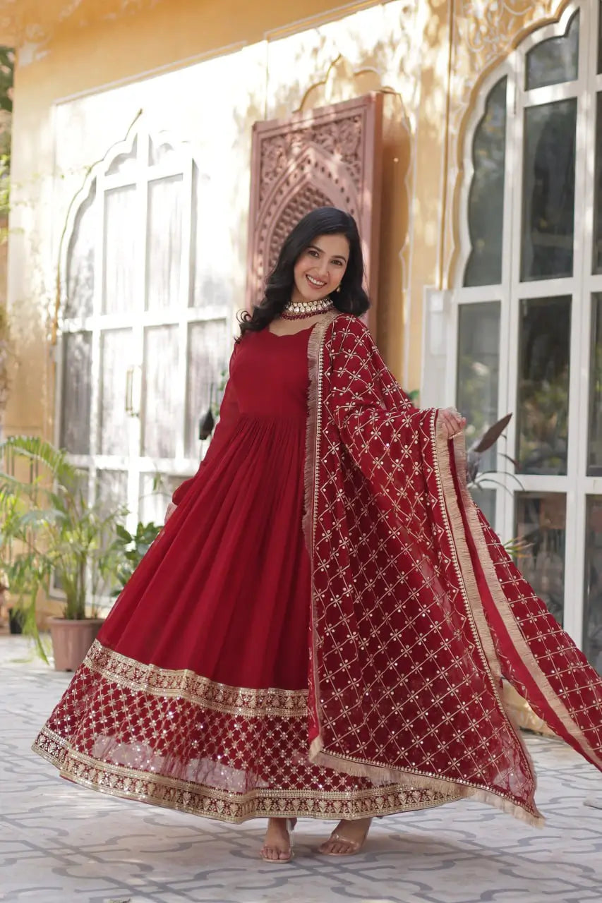Red Sequins Embroidery Work Gown With Heavy Dupatta - qivii