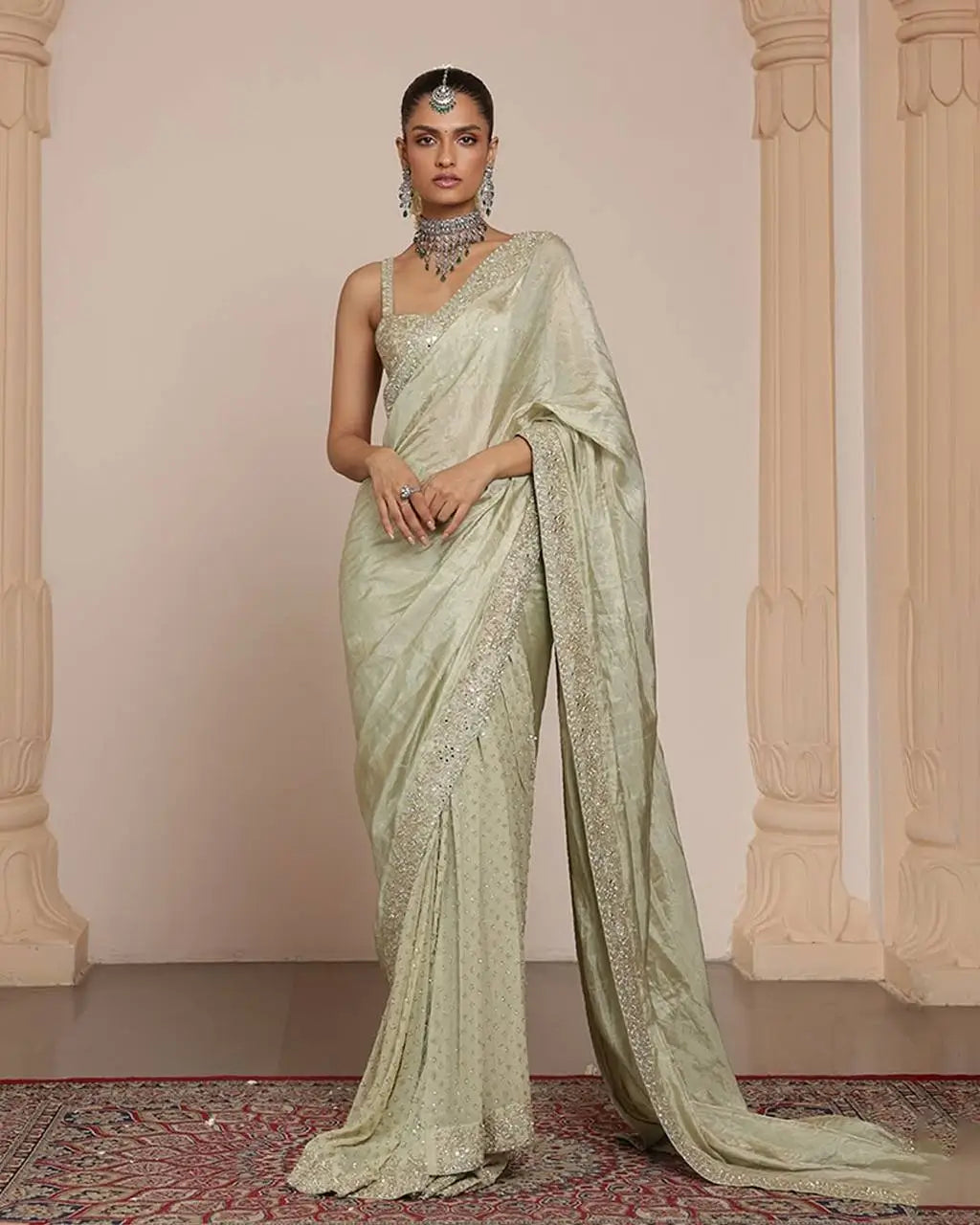 Pista Green Jari Dori And Thread Embroidery Work with Real Mirror Work Saree - qivii