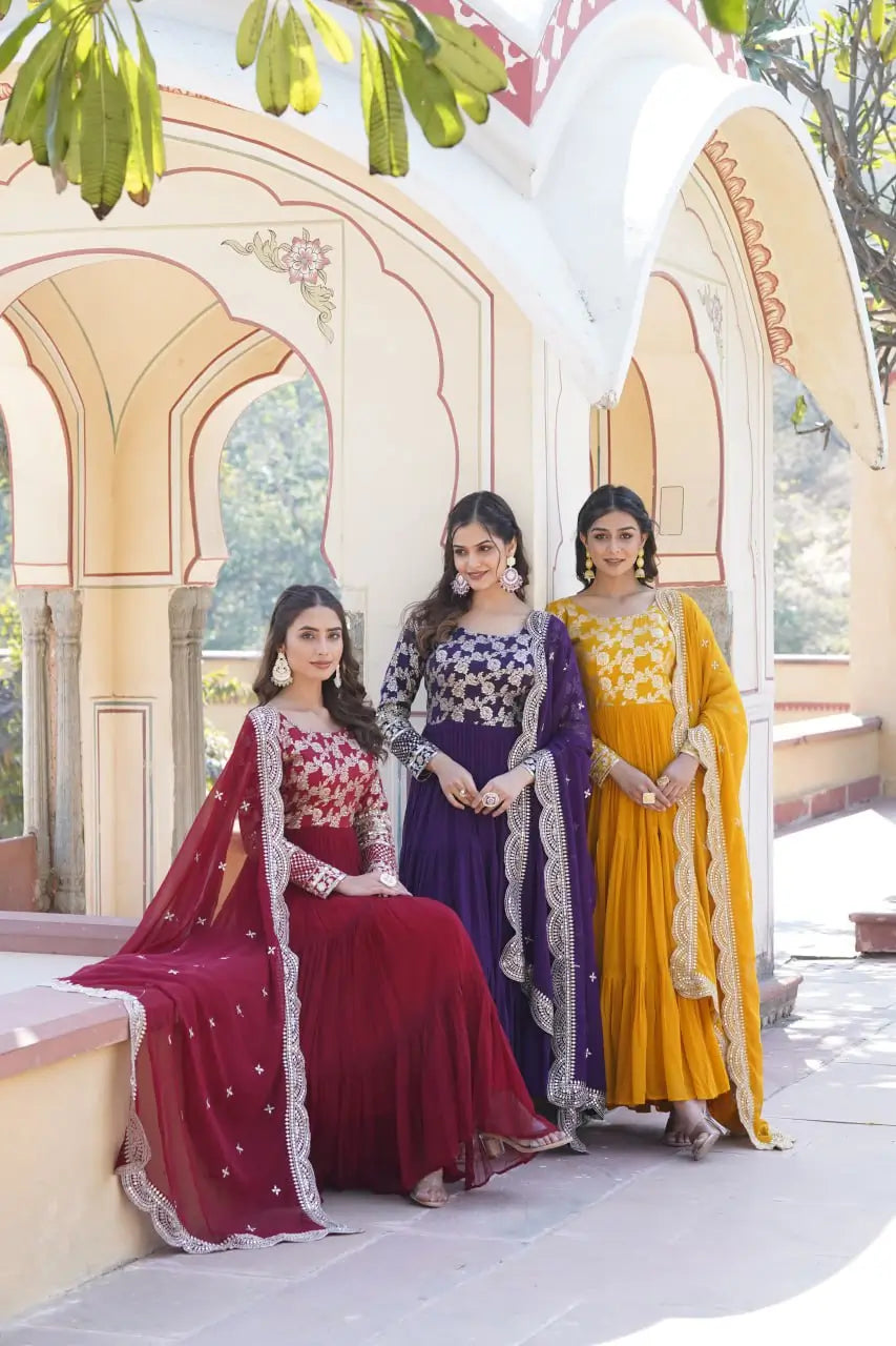 Purple Designer Sequins Gown with Dupatta | Heavy 12m Flair | Festive & Party Wear