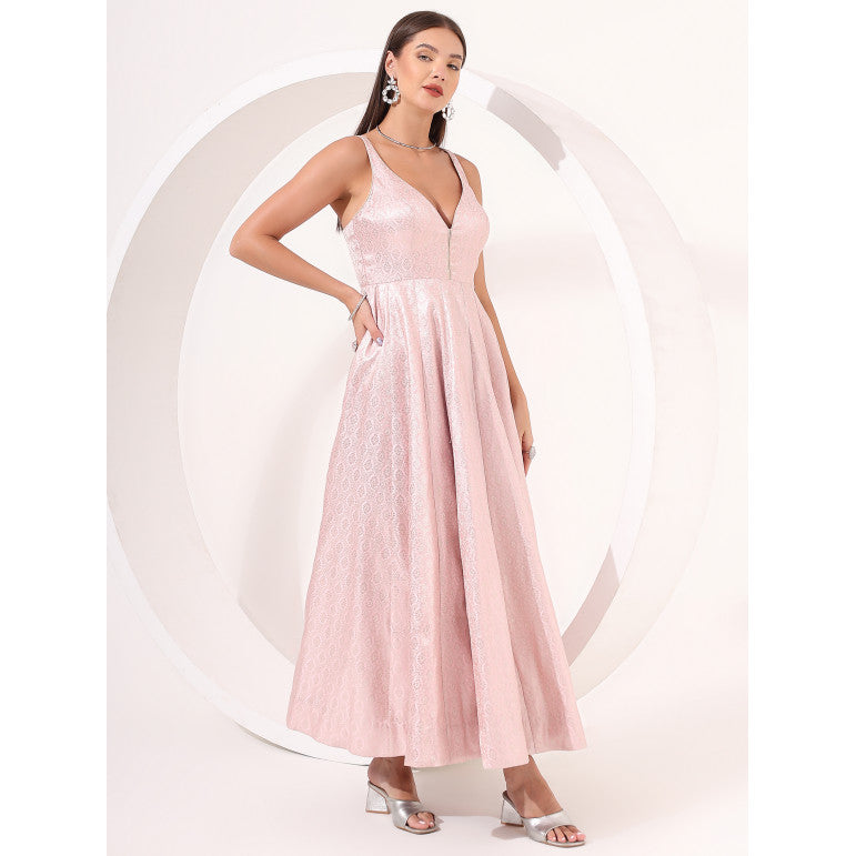 Blush Pink Brocade Anarkali Gown - qivii