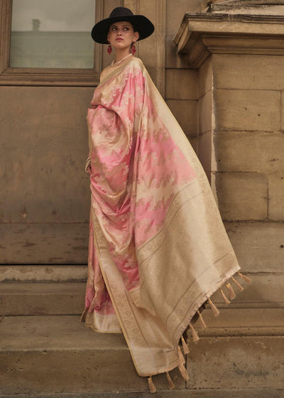 Pink & Brown Woven Rangkat Satin Silk Saree - qivii