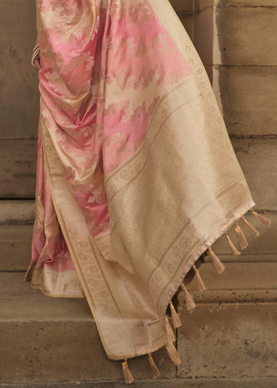 Pink & Brown Woven Rangkat Satin Silk Saree - qivii