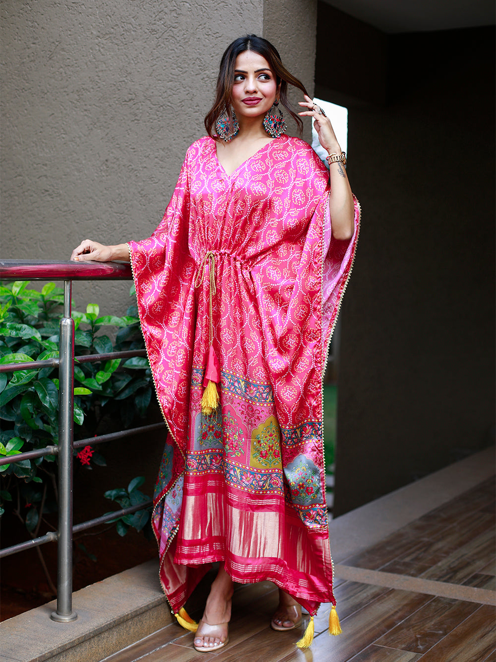 Pink Color Digital Print Pure Gaji Silk Kaftan - qivii