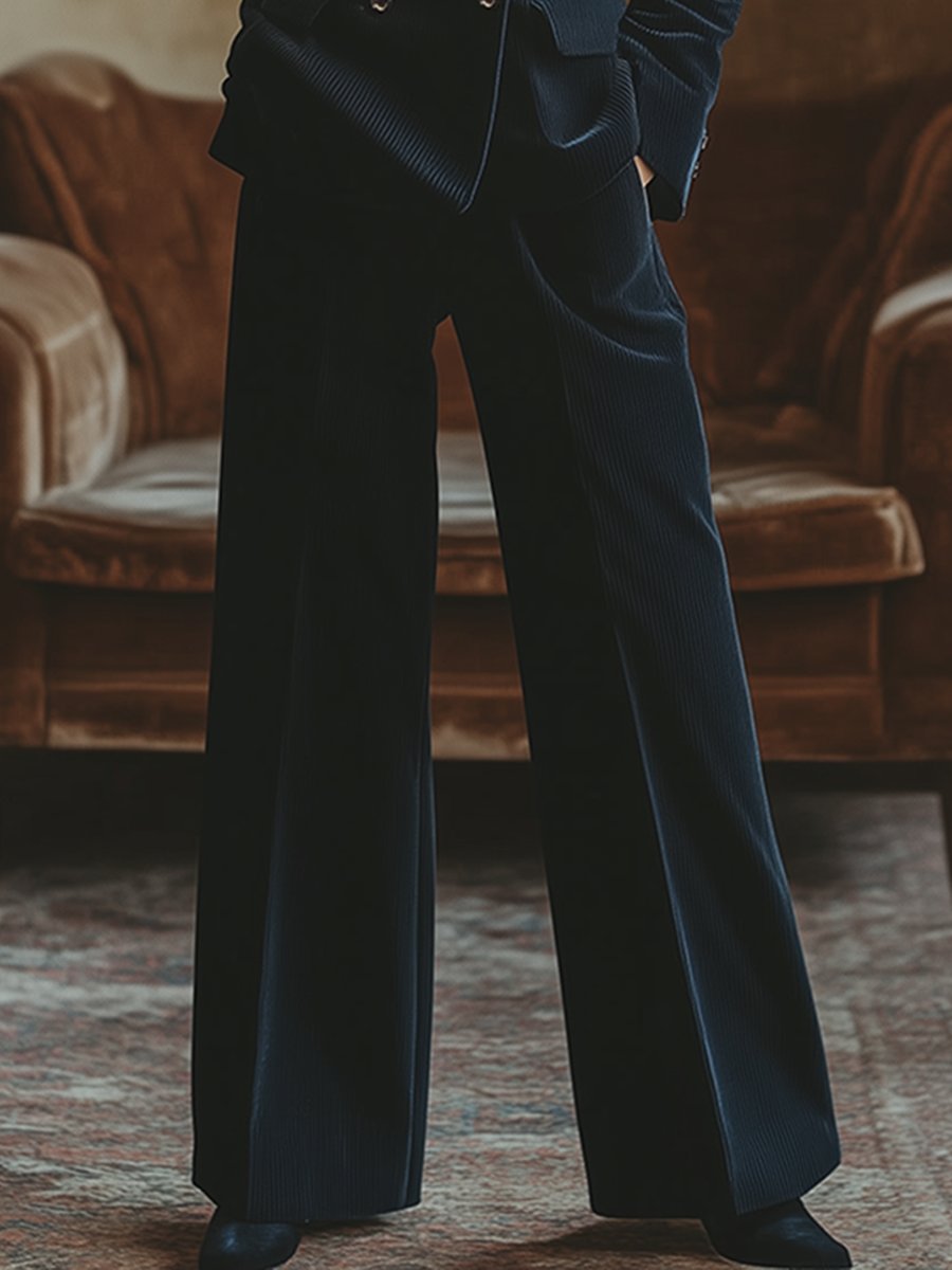 【24-hour shipping out】Retro Fashion Navy Lapel Corduroy Double-breasted Blazer and Wide-leg Pants Two-piece Set