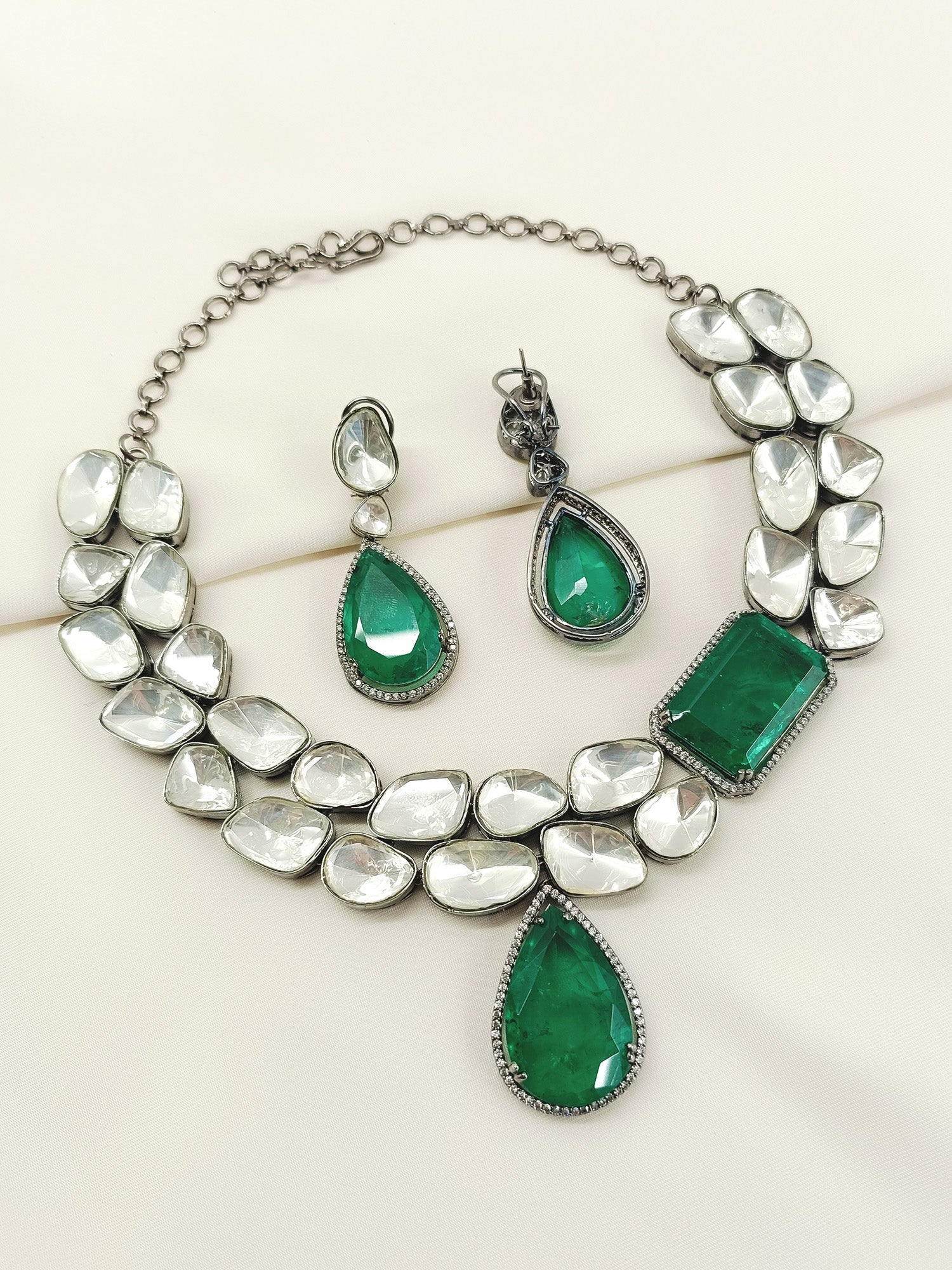 Aziya Double Layered Uncut Diamond Polki Long Set