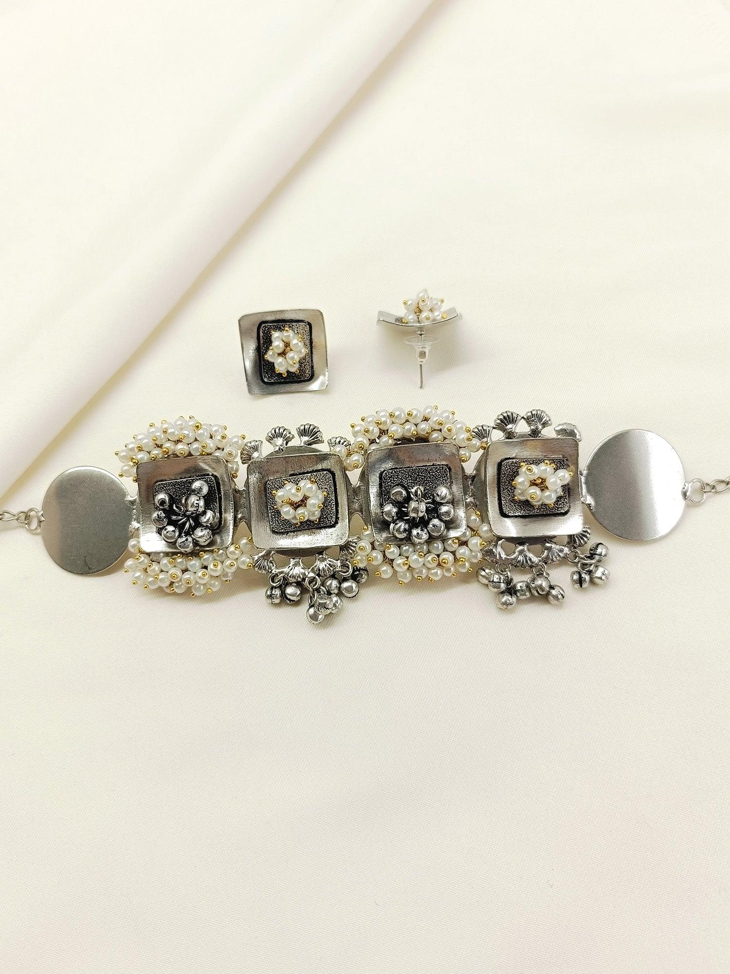 Ekantika White Pearl Oxidized Choker Set