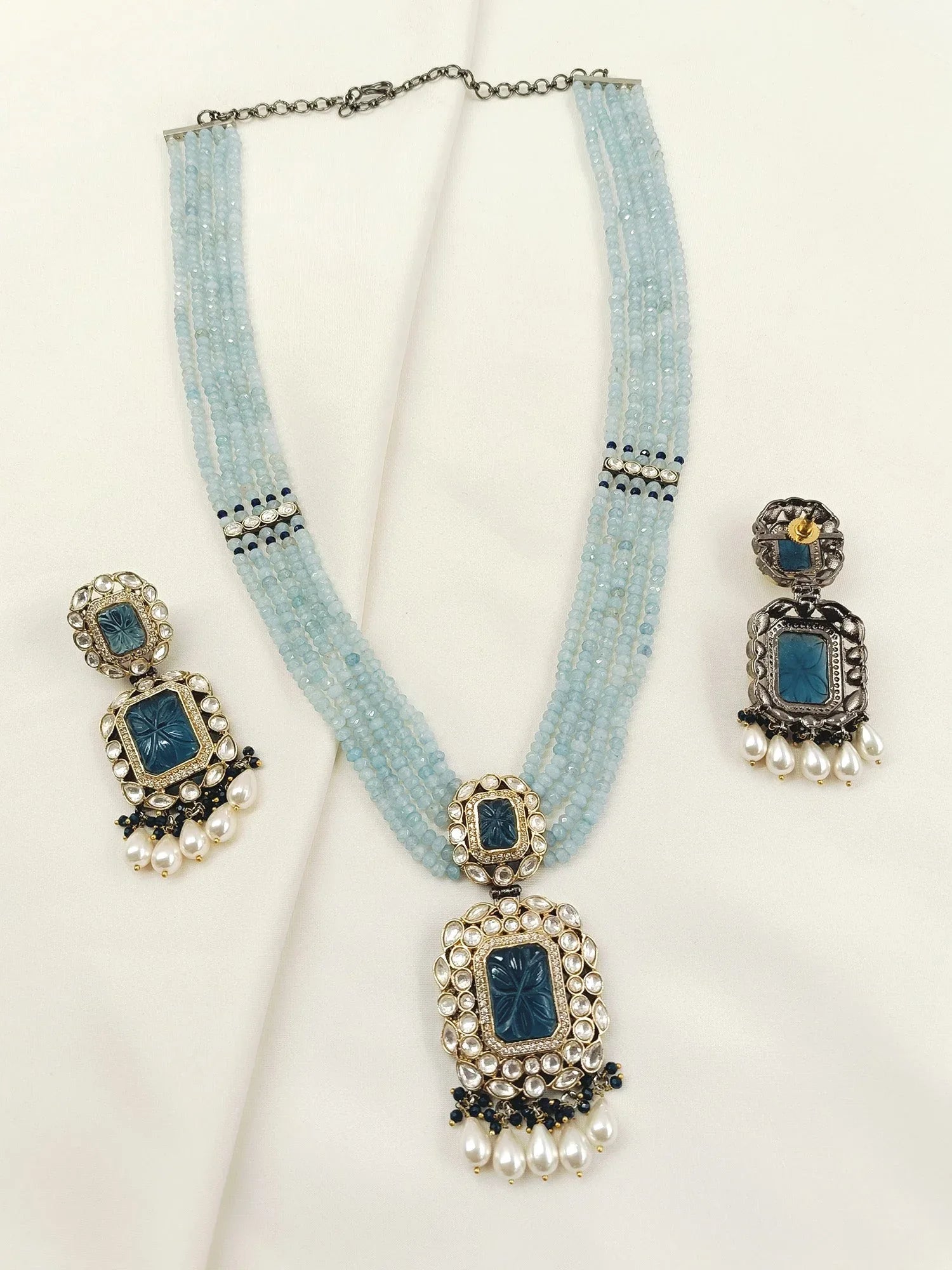 Rehemat Navy Blue Stone Gold & Rhodium Plated Victorian Set