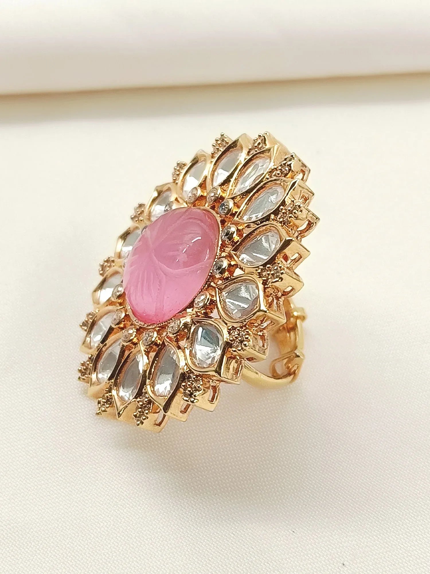 Binita Pink Stone Gold Plated Kundan Ring
