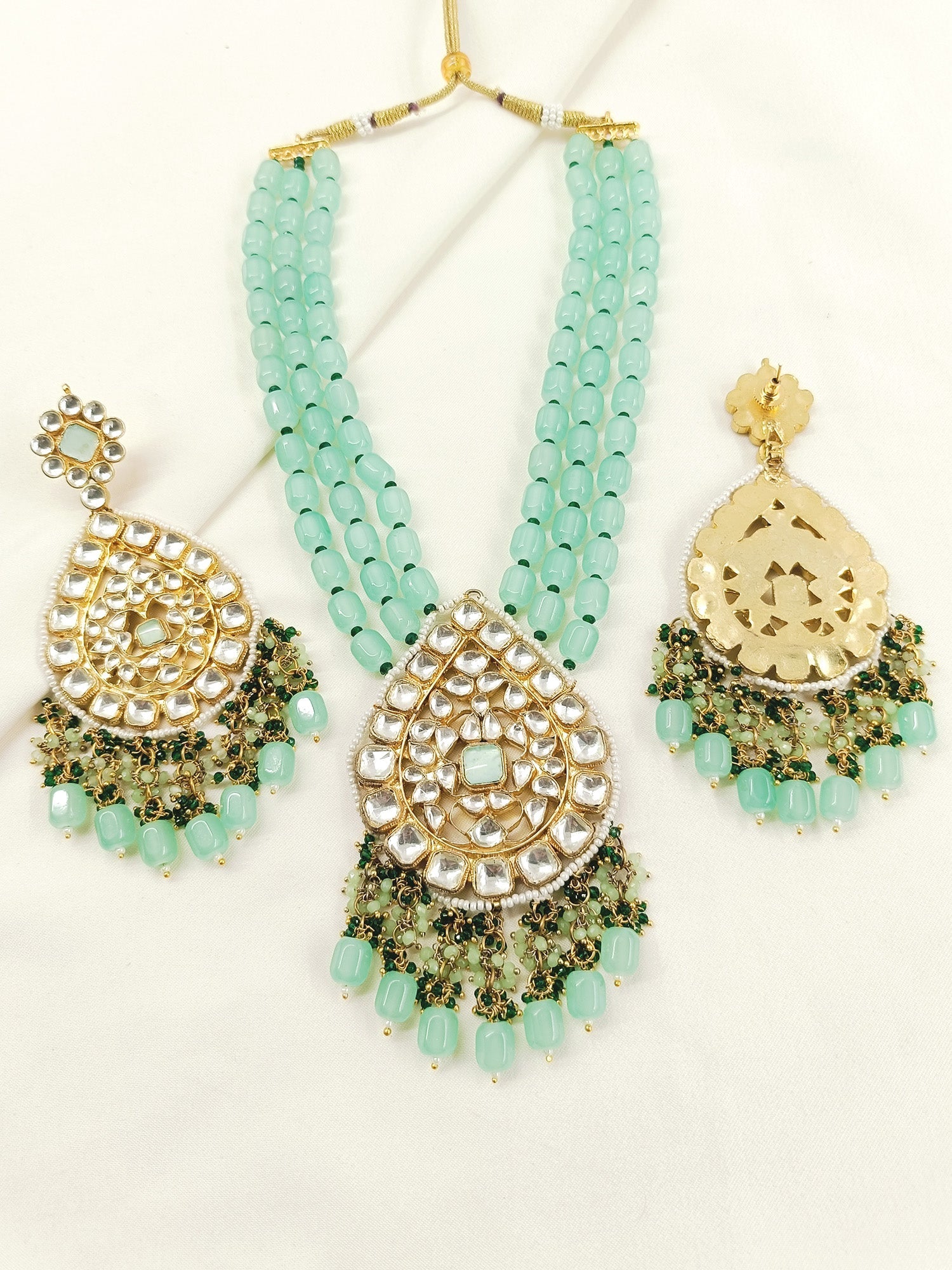 Afraah Mint Green Stone Gold Plated Pachi Kundan Pendant Set