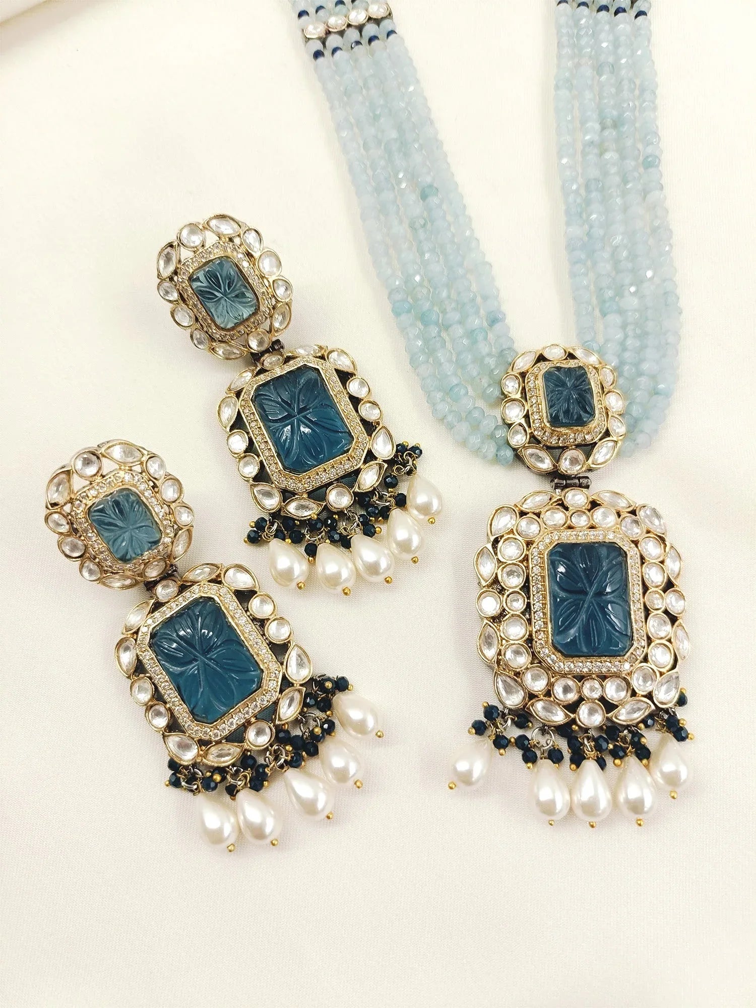 Rehemat Navy Blue Stone Gold & Rhodium Plated Victorian Set