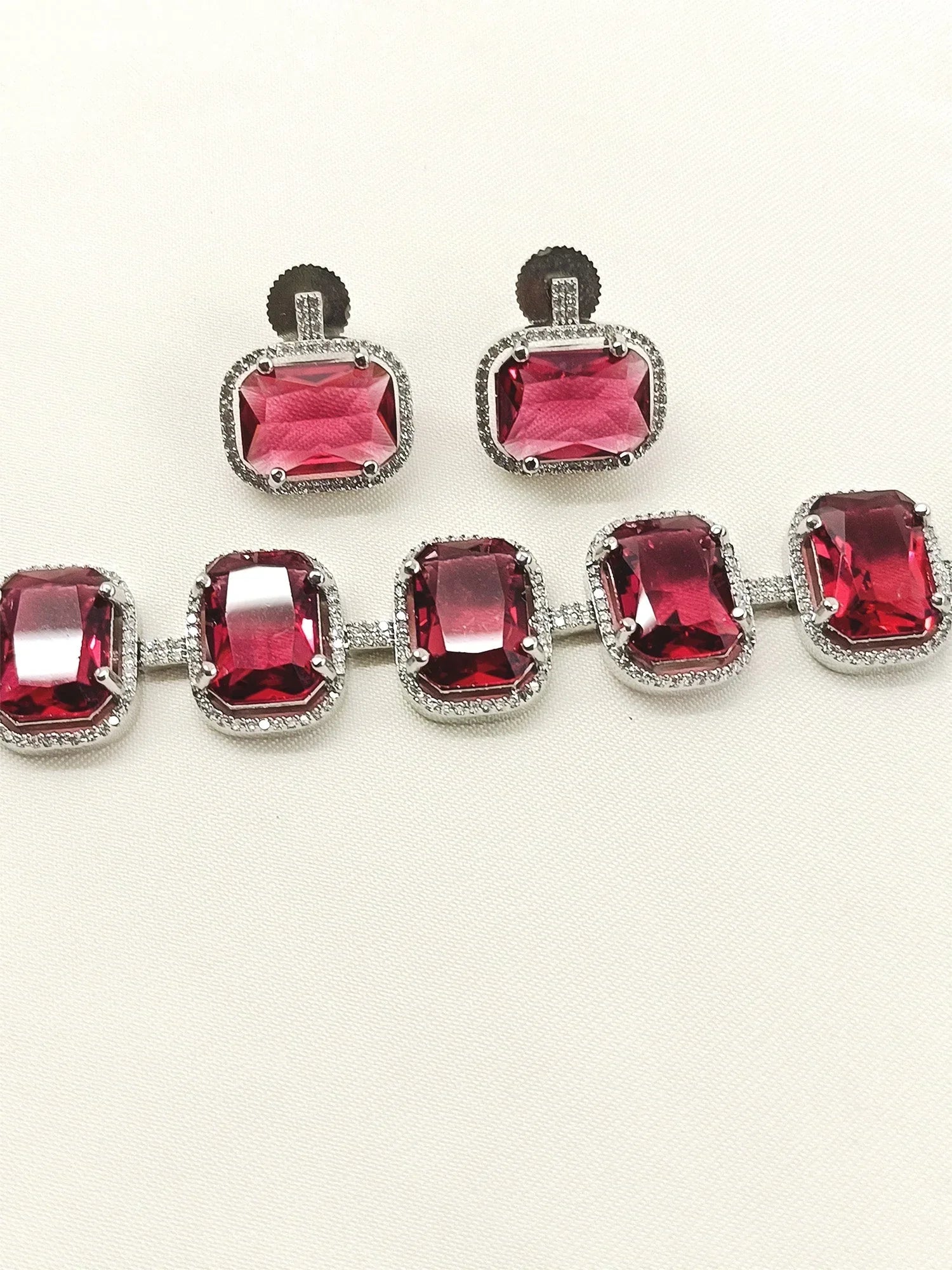 Saaleha Ruby Diamond Stone Silver Plated Choker Set
