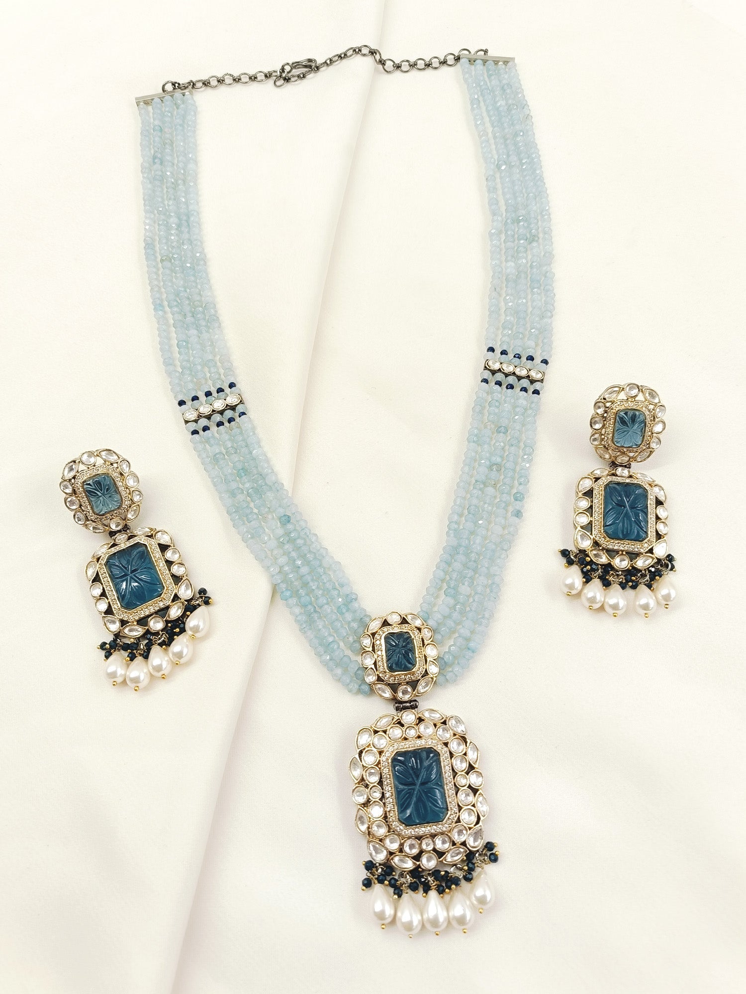 Rehemat Navy Blue Stone Gold & Rhodium Plated Victorian Set