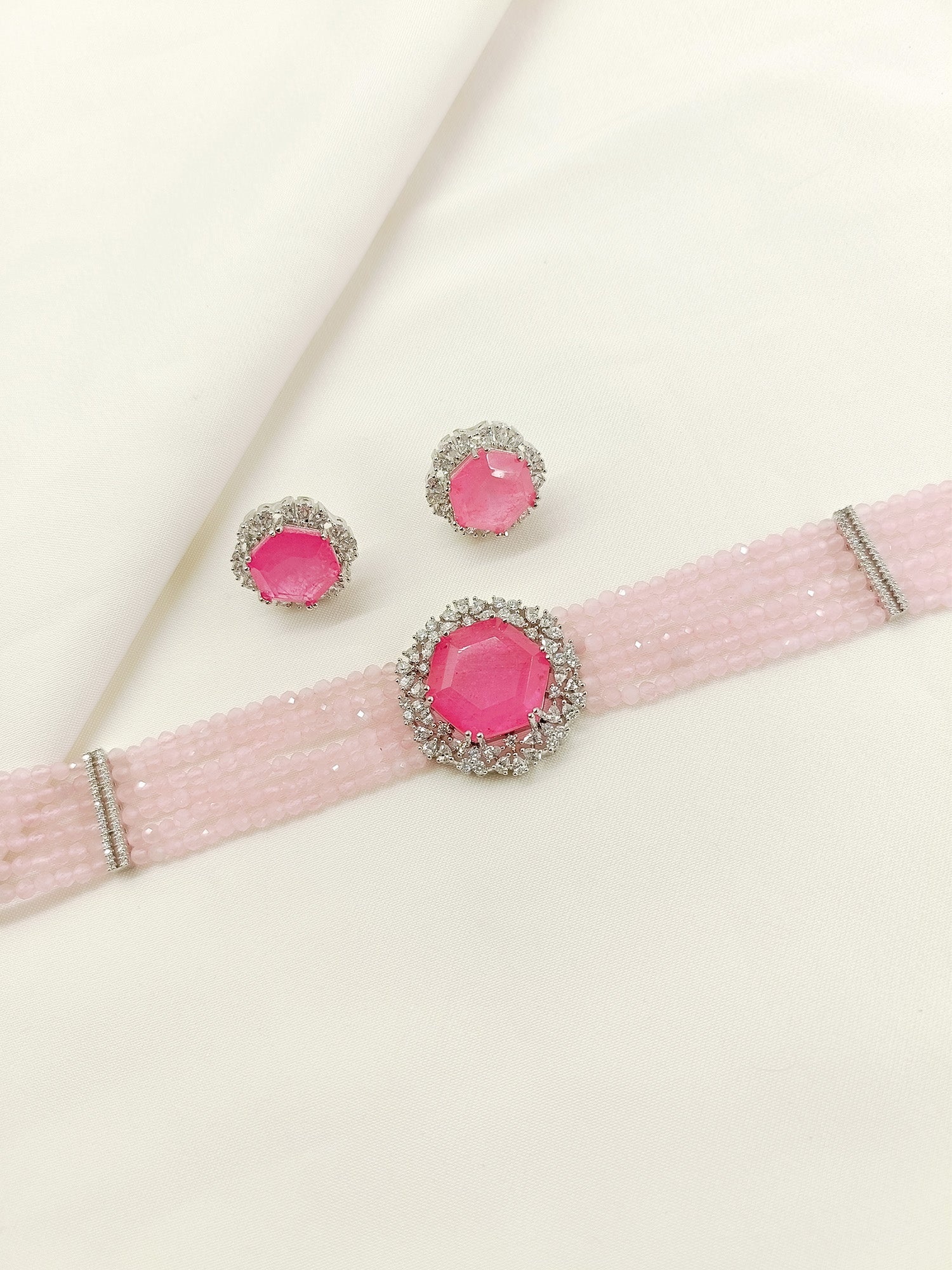 Ravee Baby Pink American Diamond Choker Set - qivii