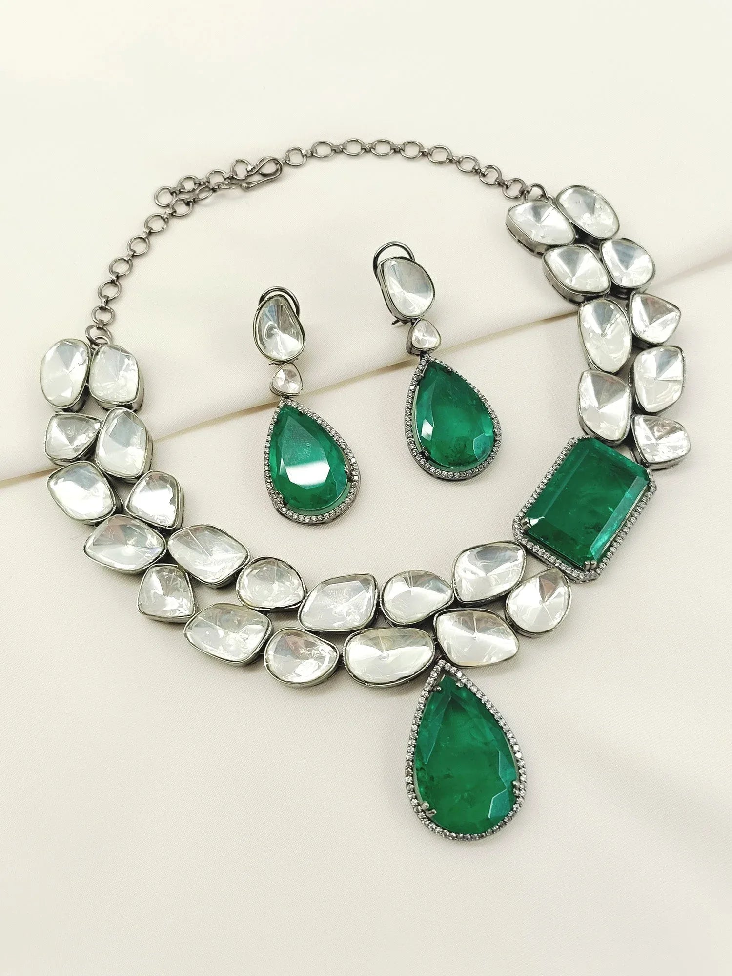 Aziya Double Layered Uncut Diamond Polki Long Set