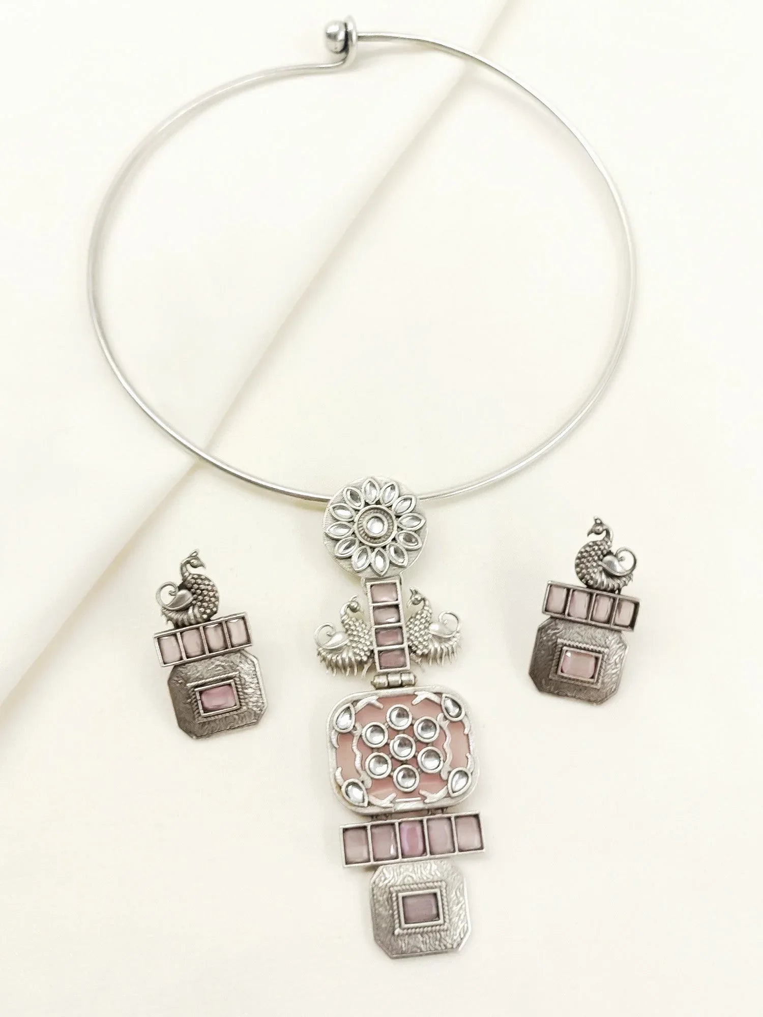 Naiya Baby Pink Oxidized Hasli Style Necklace Set
