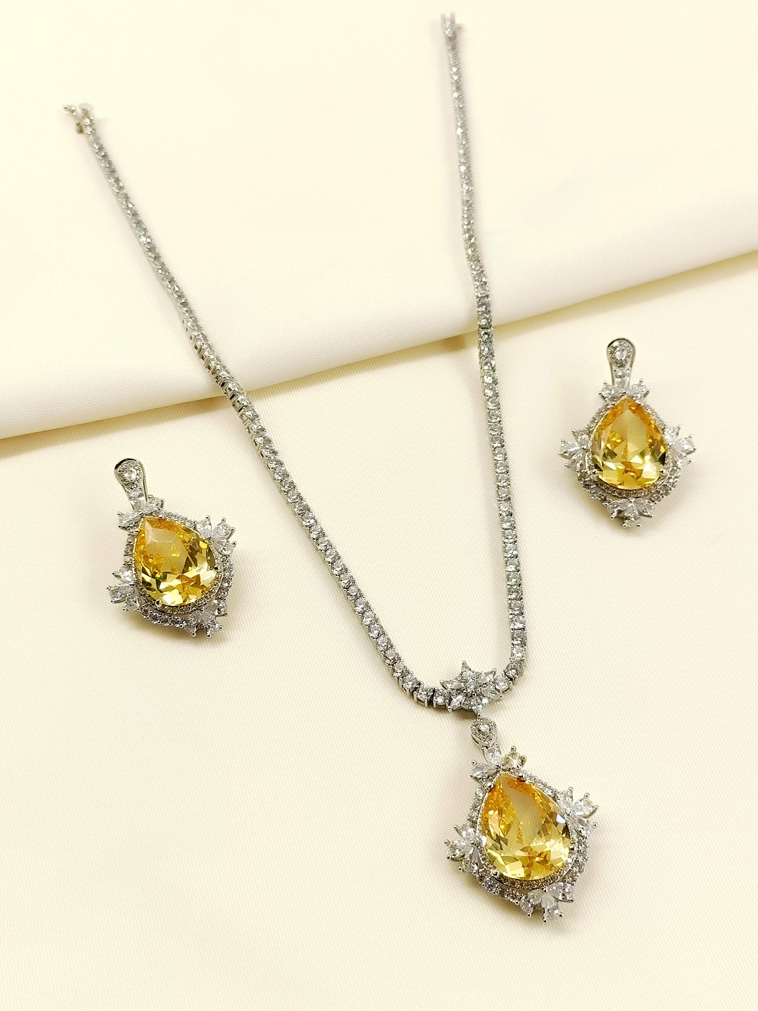 Mehar Yellow American Diamond Pendant Set - qivii