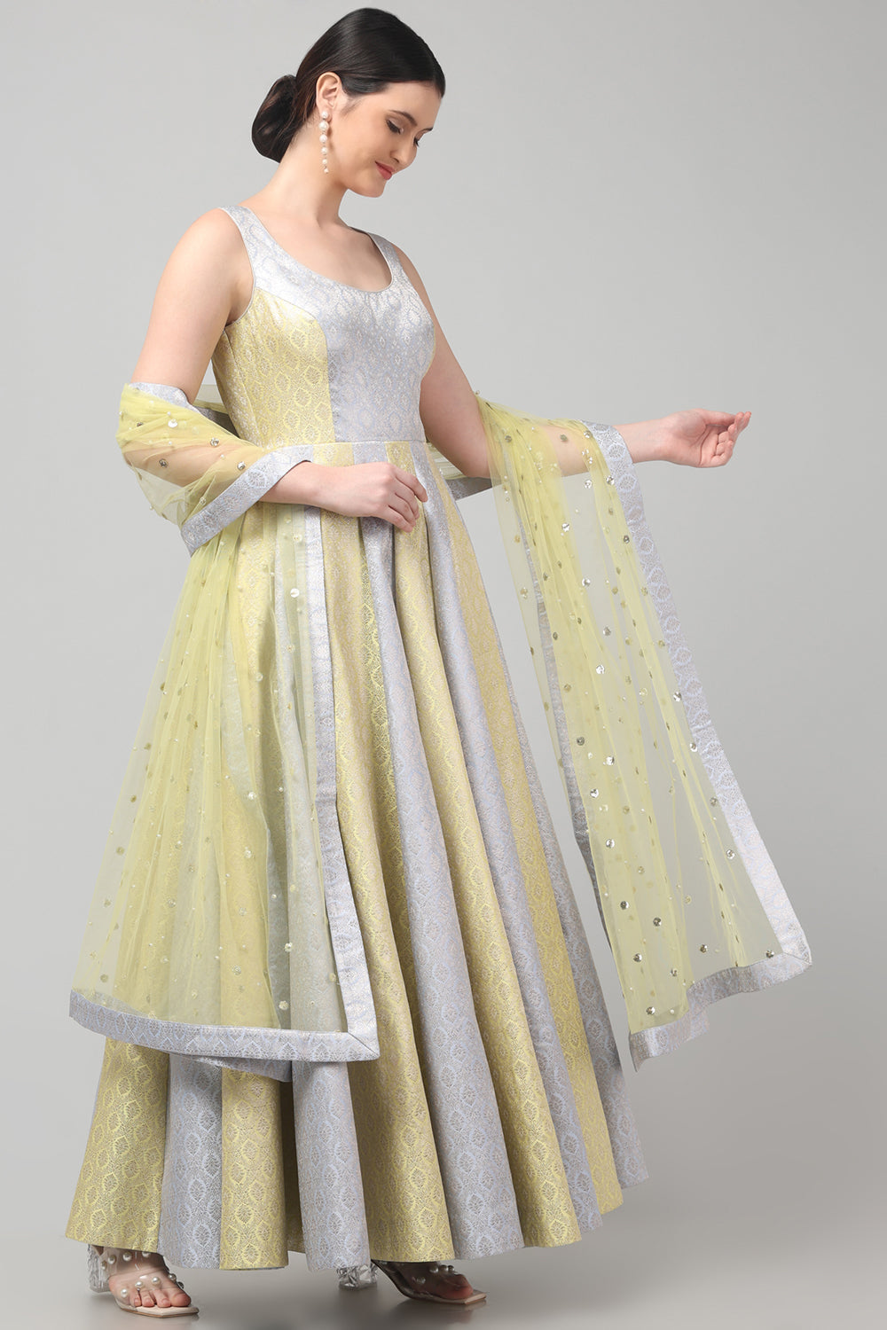 Two Tone Brocade Anarkali Gown with Dupatta