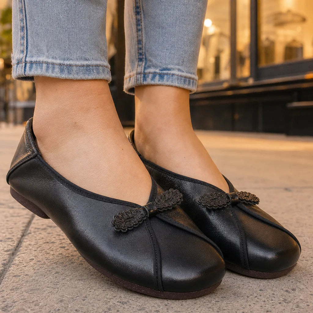 Black Prescott women's orthopedic ballet flats by Qivii, stylish slip-on footwear with supportive sole for comfortable wear.