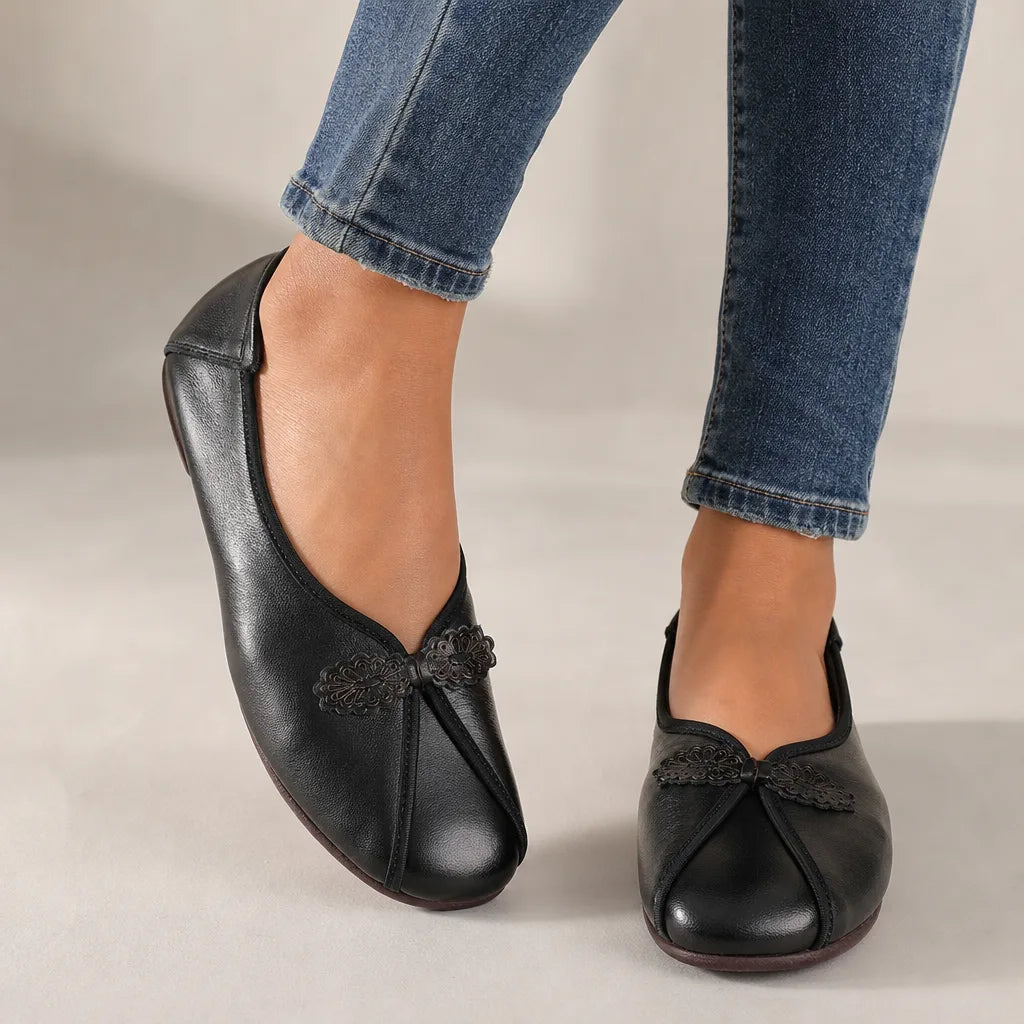 Black Prescott women's orthopedic ballet flats by Qivii, stylish slip-on footwear with supportive comfort for women.