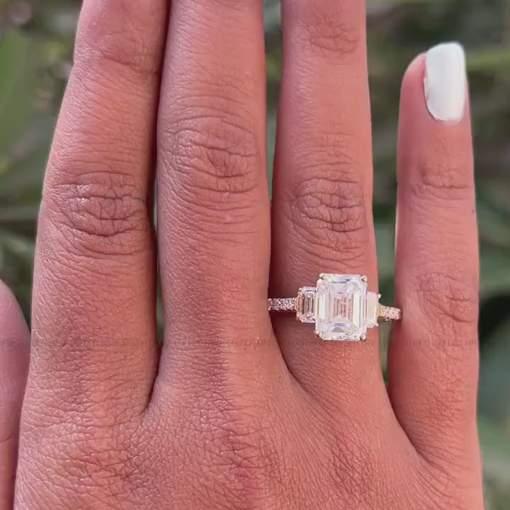 Emerald Cut Three Stone Moissanite Engagement Ring / Hidden Halo With Peekaboo Set Moissanite Ring / Emerald Cut Ring Gift