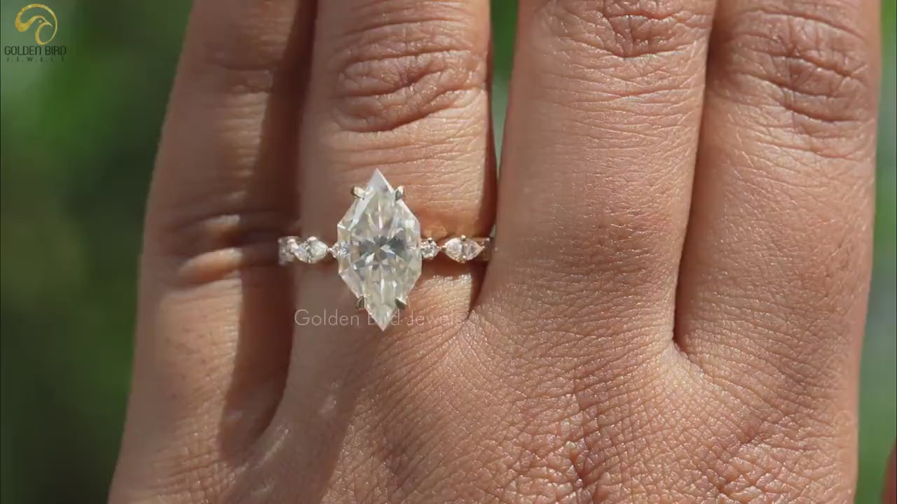 Dutch Marquise Cut Moissanite Hidden Halo Ring / With Marquise Cut Half Eternity Engagement Ring