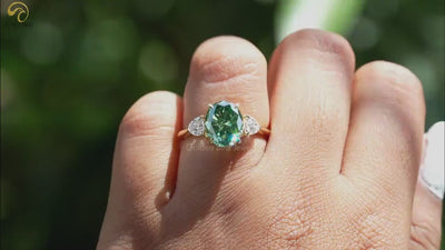 Trillion And Oval Cut Moissanite Ring / Three Stone Green Color Oval Cut Moissanite Engagement Ring