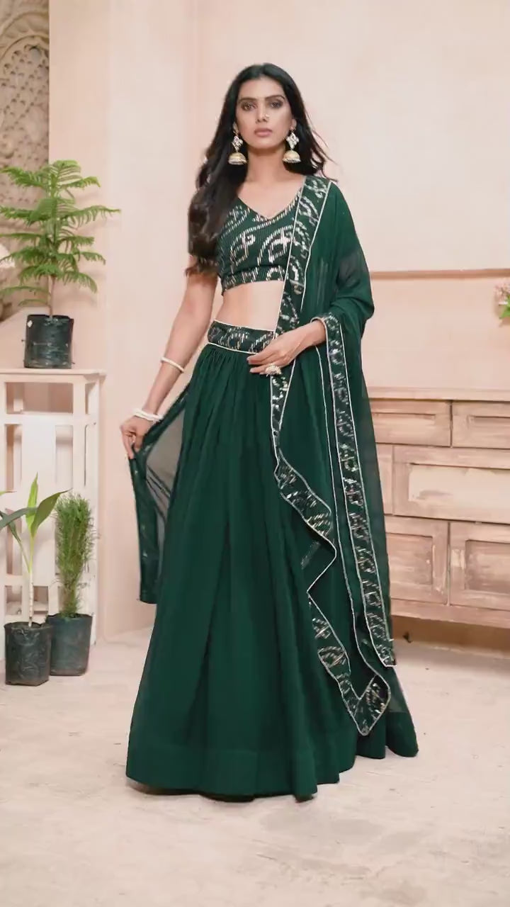 Dark Green Faux Georgette Full Stitched Lehenga With  Stitched Blouse
