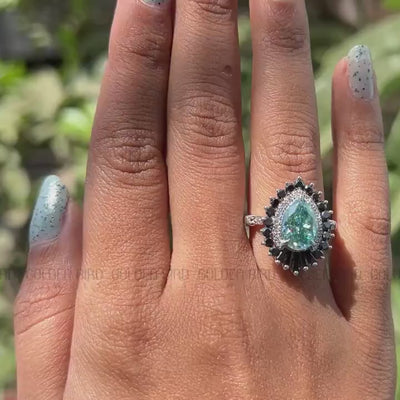 Cyan Blue Pear Cut Double Halo Moissanite Vintage Ring / Black Moissanite Tapper Baguette Ring For Her / 14K White Gold Anniversary Ring