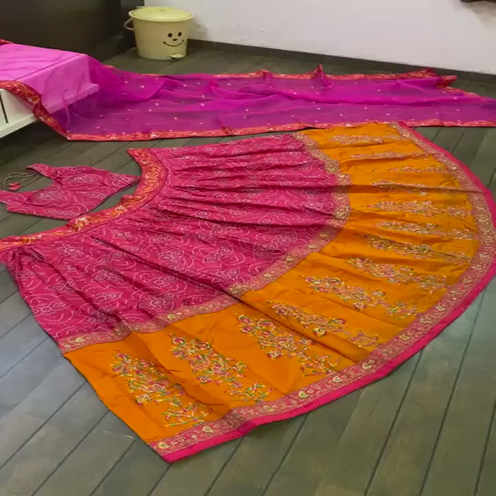 Exclusive Bandhani Print Pink Orange Silk Thread & Sequence Work Wedding Lehenga Choli with Organza Dupatta for Women (Fully Stitched) - Inspired