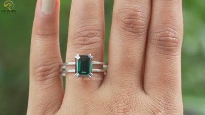Stunning Dual Shank Green Emerald Moissanite Ring - Handcrafted Solitaire Engagement Ring for Her
