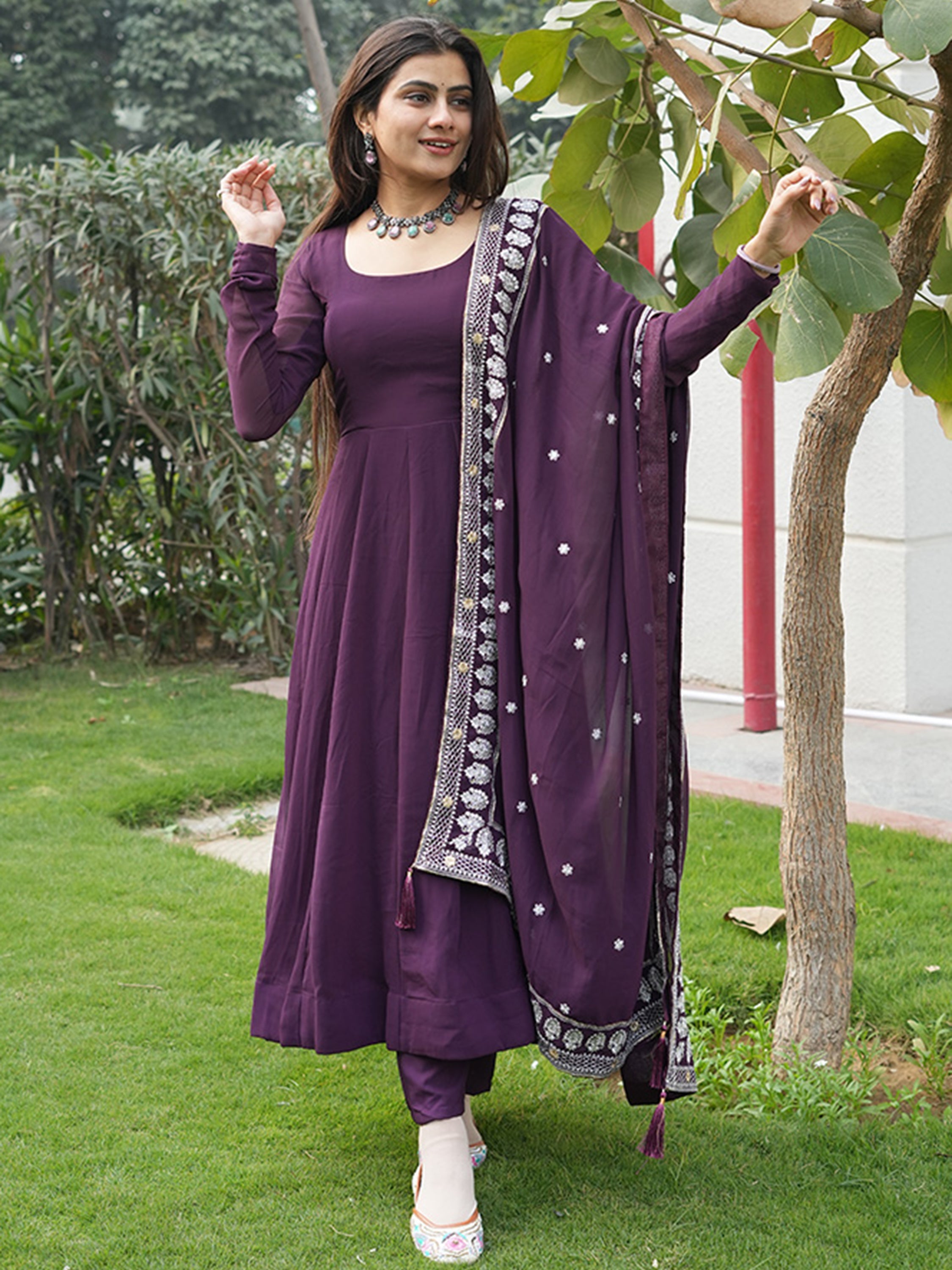Spectacular purple georgette anarkali pant suit with dupatta for elegant occasions