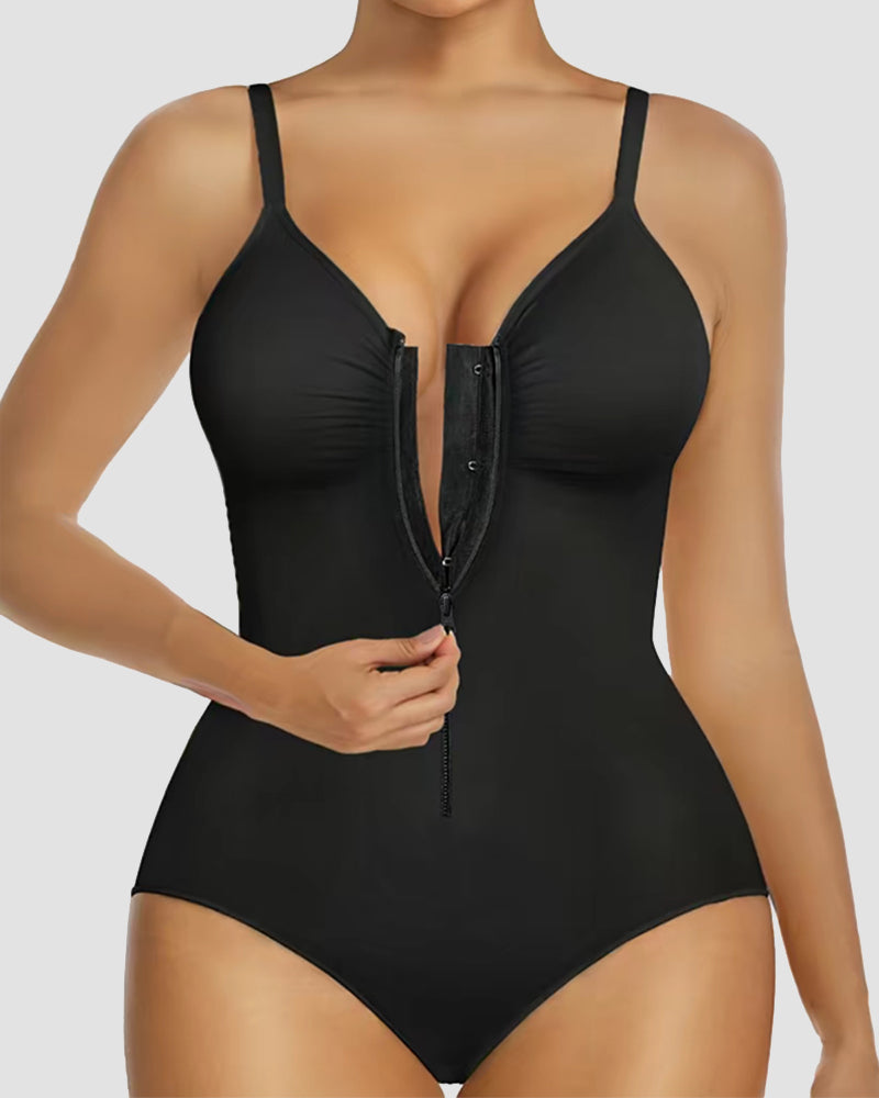 Front Zipper Tummy Control Triangle Shapewear Bodysuit - By Qivii