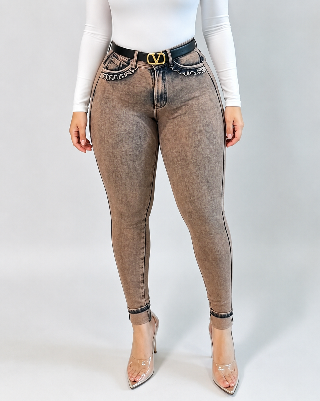 High Waist Ruffle Pocket Stretch Skinny Butt Lifting Jeans - By Qivii