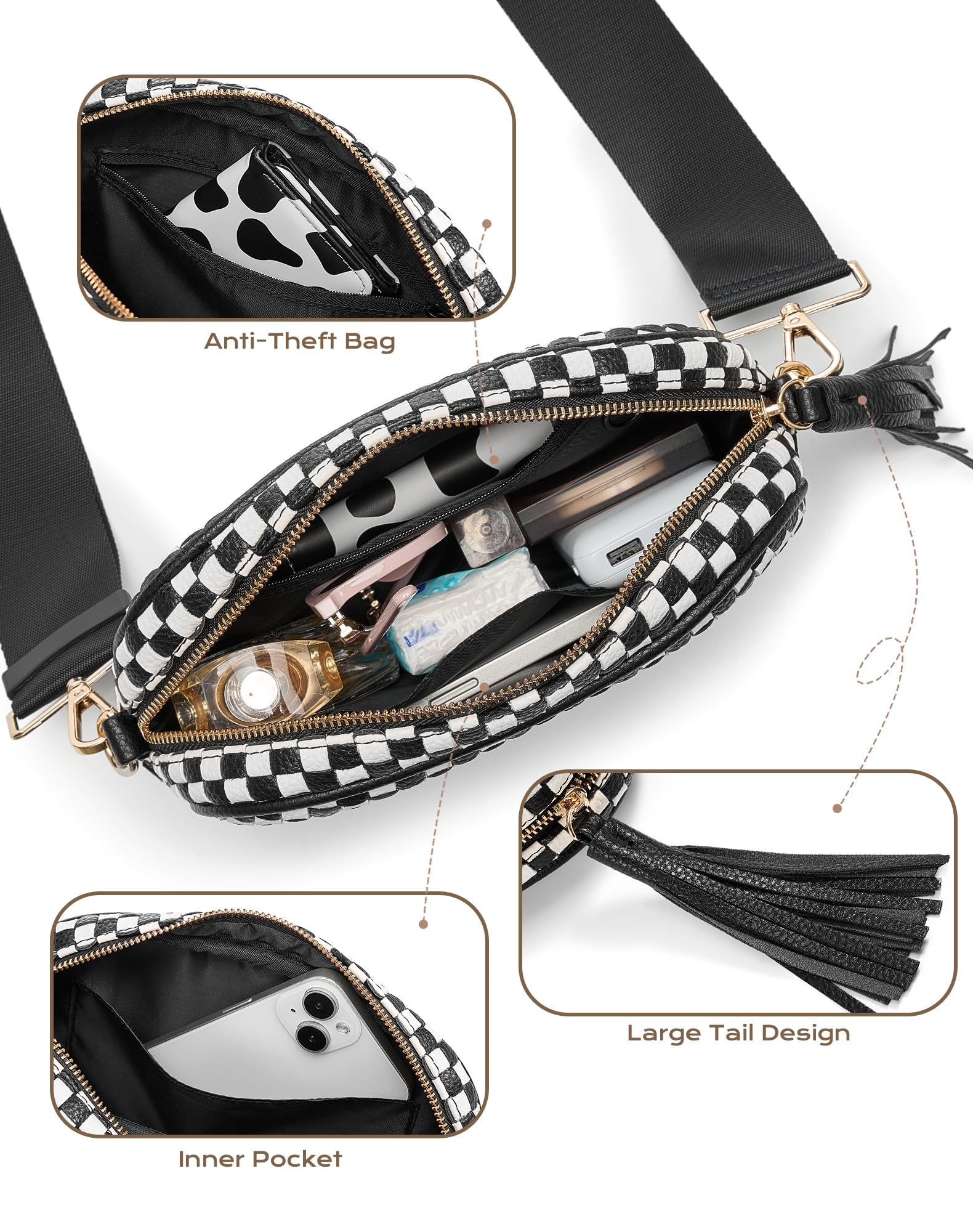 Ounamei PU Leather Woven Crossbody Bag | Checkered Shoulder & Belt Bag for Women